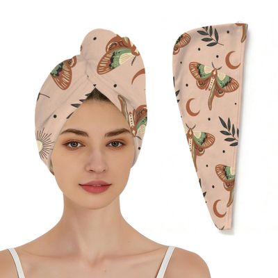 Chintiz Microfiber Hair Towel Wrap for Women - Boho Moth Sun Moon Super Absorbent Fast Drying Head Hair Towels - Elastic Loop Design Anti-Frizz Soft Turbans for Wet Long, Curly, Thick Hair