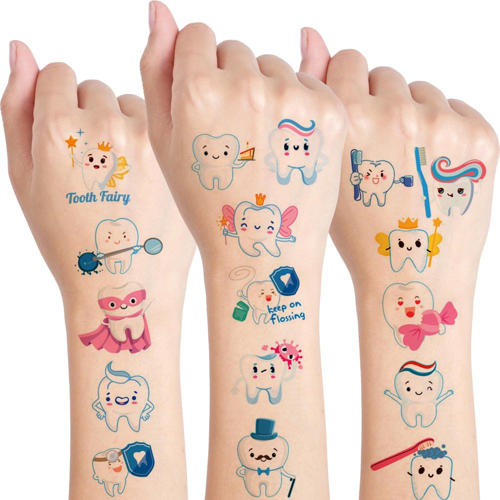 10 Sheets Teeth Temporary Tattoos for Kids Birthday Party Supplies, teeth Themed Stickers Cartoon Decorations Gifts for Boys Girls