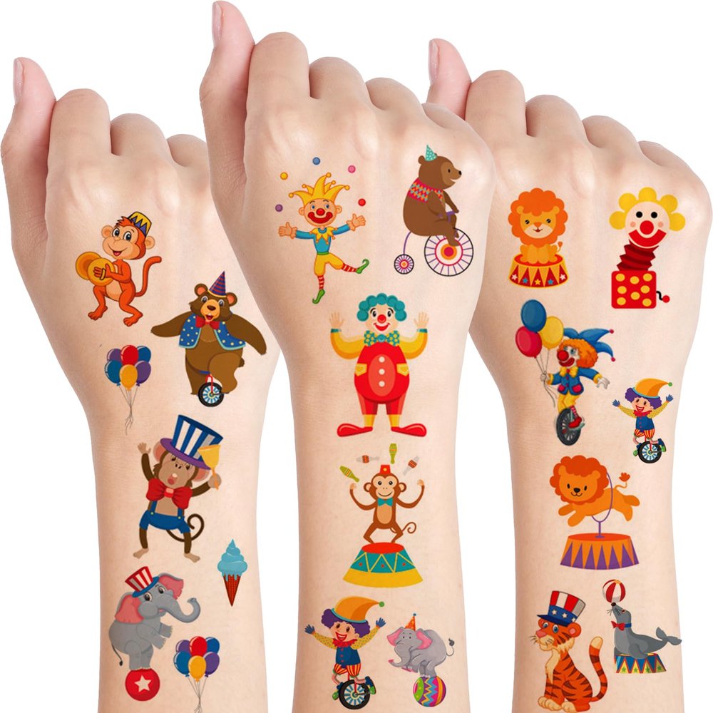 10 Sheets Circus Temporary Tattoos for Kids,Cute Circus Stickers for Birthday Parties, Carnival Favors, Classroom Rewards for Boys and Girls