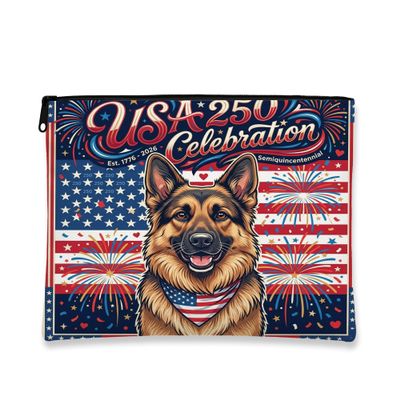 250 Years German Shepherd Dog Makeup Bag, 4th of July Patriotic Cosmetic Travel Pouch for Women, Portable Small Canvas Zipper Organizer, American Toiletry Bag 7x9 Inch