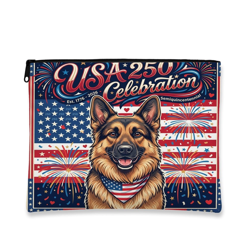250 Years German Shepherd Dog Makeup Bag, 4th of July Patriotic Cosmetic Travel Pouch for Women, Portable Small Canvas Zipper Organizer, American Toiletry Bag 7x9 Inch