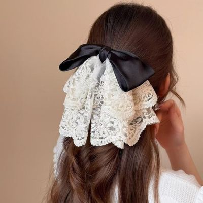 Vintage Lace Bow Hair Clip for Women, Black Satin Ribbon Barrette with Long Lace Tail, French Elegant Hair Accessory for Long Wavy Hair, Daily Wear, Date Night & Party