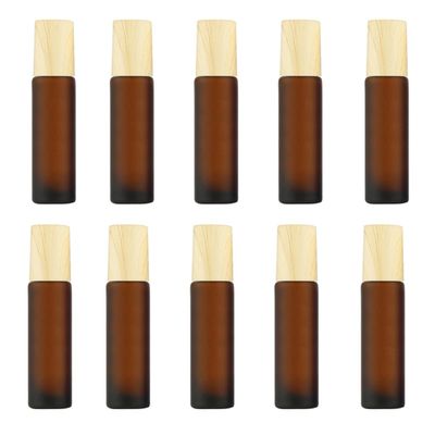 10 Bottle Wood Ball Glass 10ml and Roller Brown Steel with Lid Pack