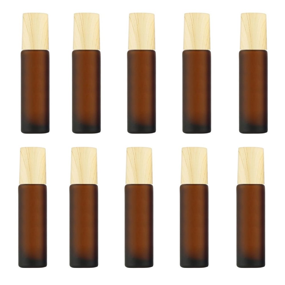 10 Bottle Wood Ball Glass 10ml and Roller Brown Steel with Lid Pack