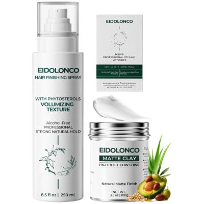 EIDOLONCO Hair Clay and Volumizing Spray Set, Strong Hold, Matte Finish
