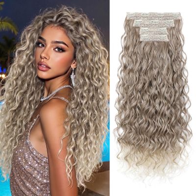 REECHO Curly Clip in Hair Extensions, 4PCS 24 inch Long Hair Extensions Clip ins Lace Weft Natural Hairpieces for Women Daily,Glazed Mocha to Blonde
