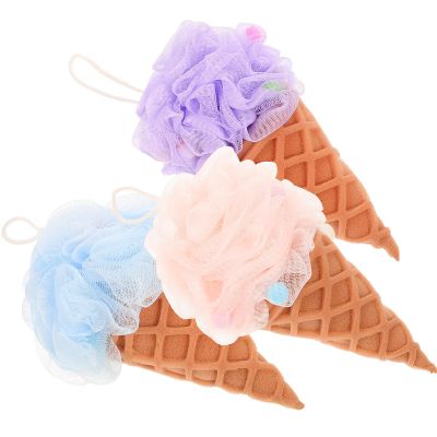 MAJORMENCH 3pcs Ice Cream Bath Balls Loofah Sponge Body Scrubber Exfoliating Shower Mesh Pouf for Deep Cleansing and Smooth Skin in Blue Purple Pink