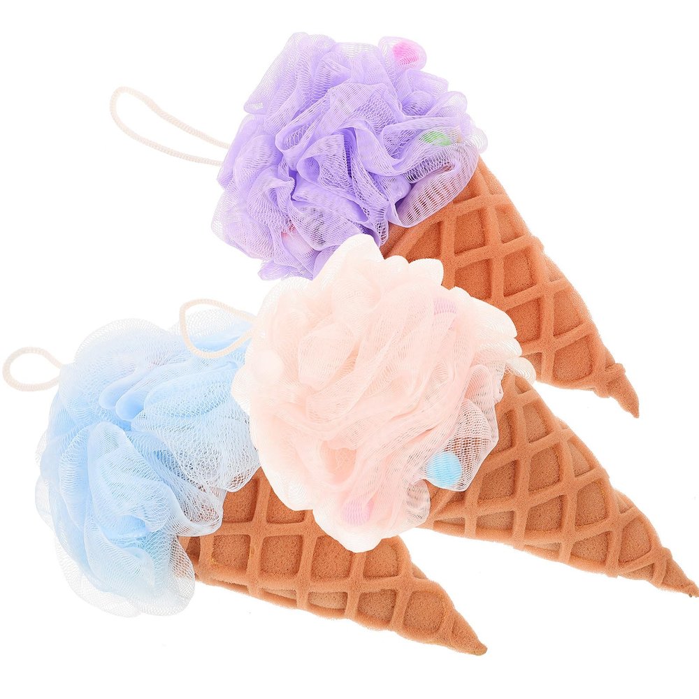MAJORMENCH 3pcs Ice Cream Bath Balls Loofah Sponge Body Scrubber Exfoliating Shower Mesh Pouf for Deep Cleansing and Smooth Skin in Blue Purple Pink