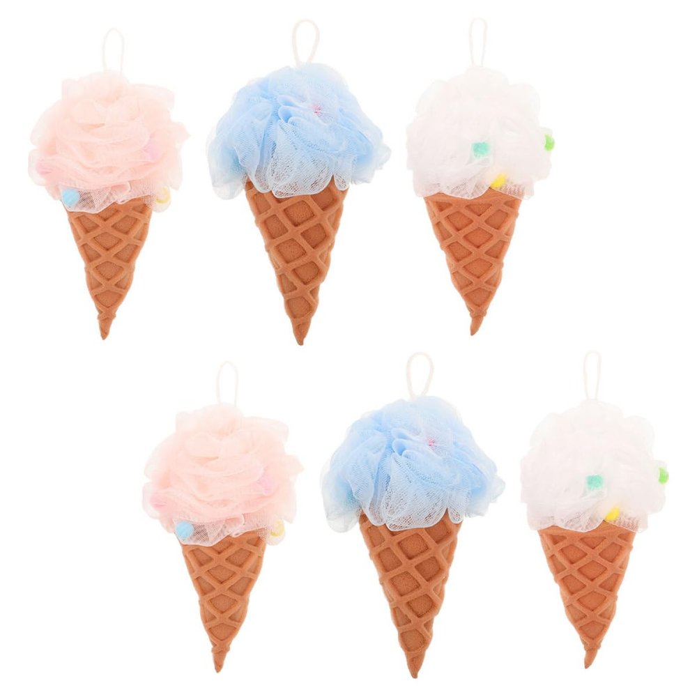 DOITOOL 6pcs Reusable Ice Cream Shape Bath Loofah Balls Shower Body Scrubber Sponge Pouf Set for Women Travel Exfoliating Bath Sponge in Pink, White, and Blue