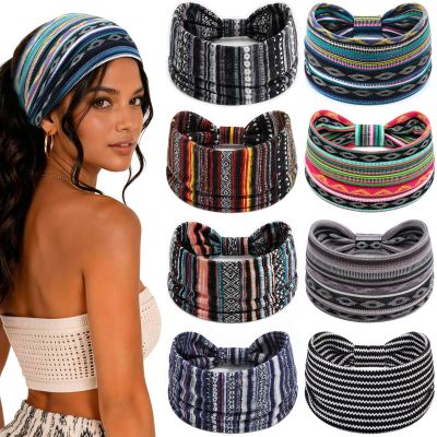Awumbuk Wide Headbands for Women Knotted Non Slip, 8 Pack Soft Head Bands to Hide Hairline, Fashion Boho Style Bandana, Moisture Wicking Hair Bands for Workout Sports Yoga Makeup
