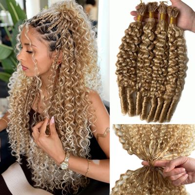 Balayage Micro Pre Looped Crochet Human Hair Extensions 14 Inch Burmese Curly Human Invisible Crochet Hair Pre Separated Knotless Strawberry Blonde Highlights Corchet for Braiding Twist Extension 50G