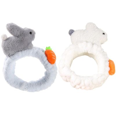 Cabilock Rabbit Carrot Hairbands 2pcs Makeup Spa Headbands for Women, Soft Plush Face Wash Hairbands in White and Blue for Skincare and Daily Use