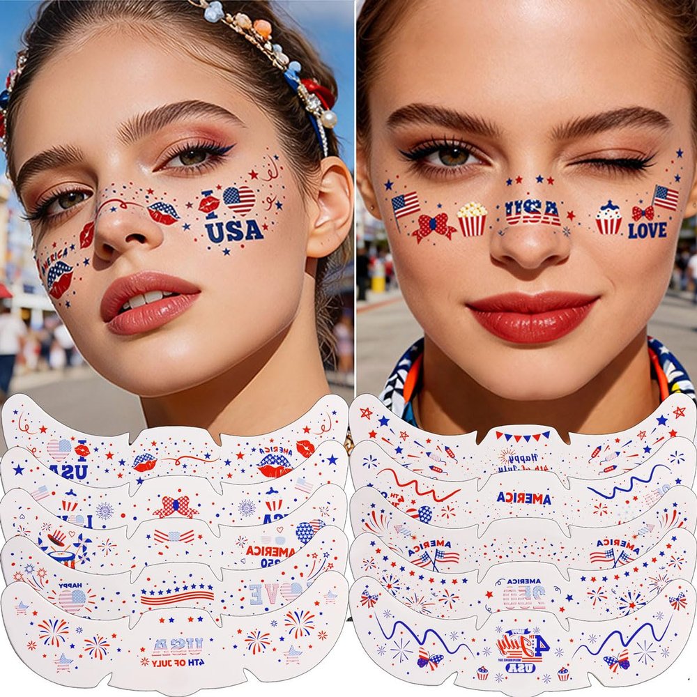 10Pcs 4th of July Face Tattoo Stickers USA Flag Star Independence Day Glitter Red White and Blue Patriotic Tattoos 4th of July Outfit Accessories for Women