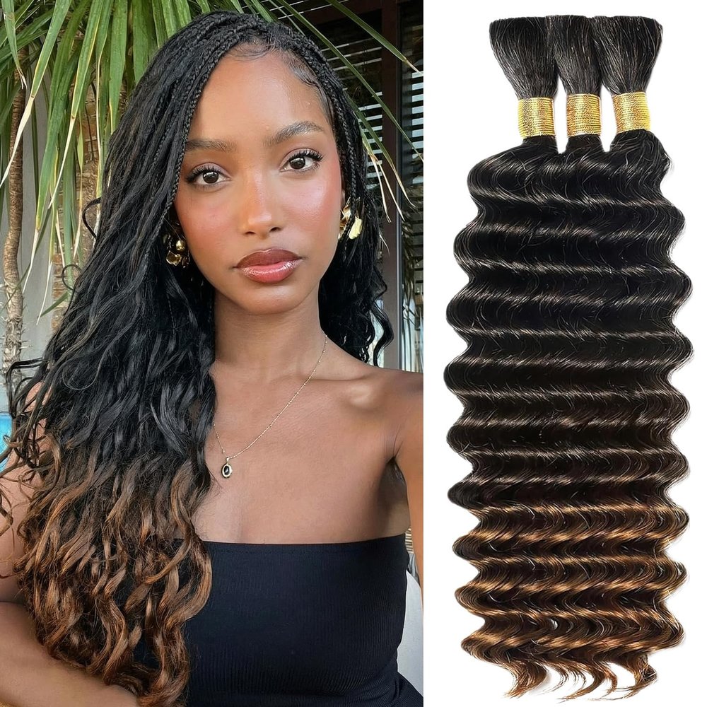Afihond Human Braiding Hair for Boho Braids Deep Wave Bulk Human Hair for Braiding 3 Bundles 110g 22 Inch Brazilian Virgin T1B/30 Highlight Curly Hair Extensions for Boho Braids Ombre