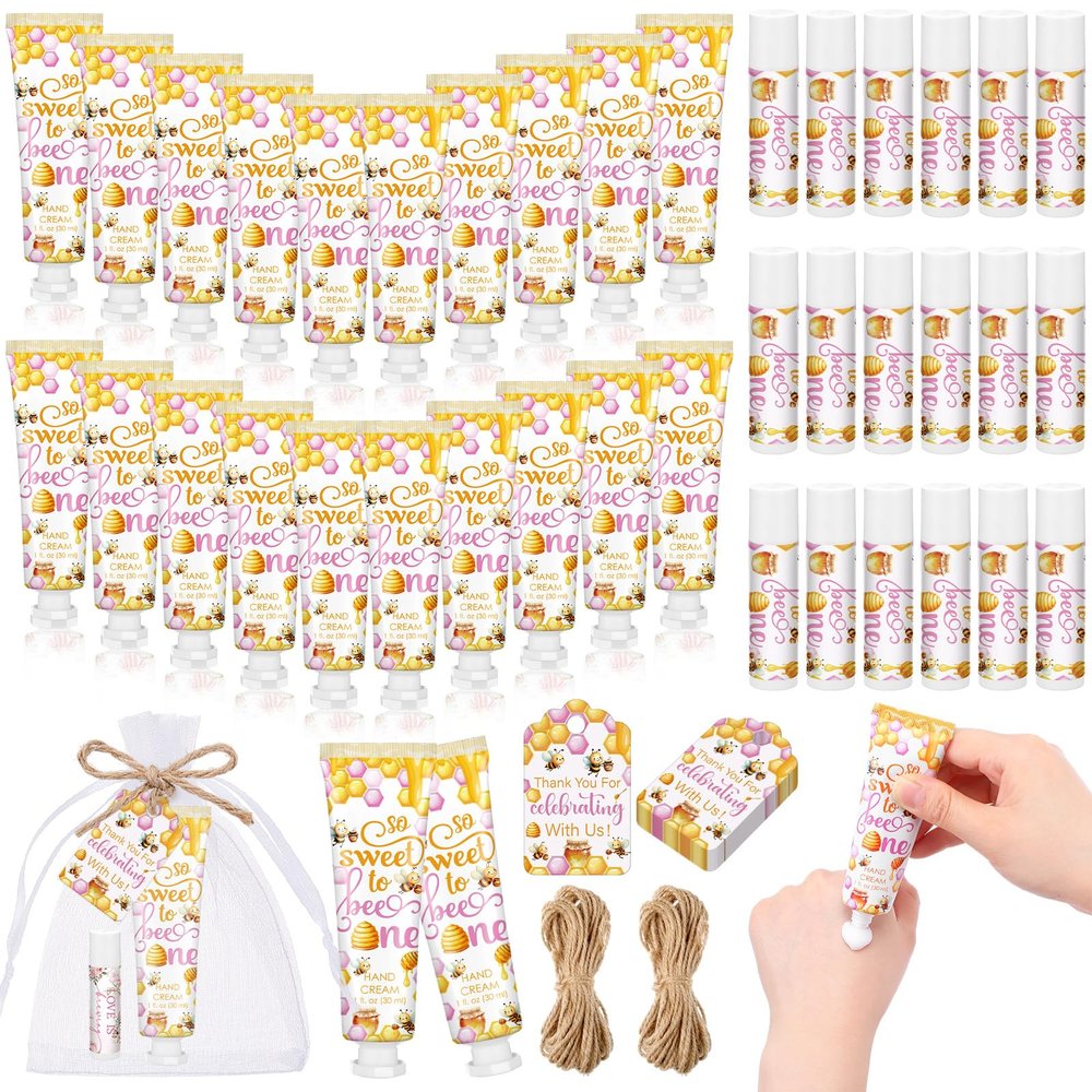 Dansib 24 Sets/96 Pcs Pink Honey Hand Cream and Lip Balm Gift Baby Shower Favors for Guest Thank You for Bee Travel Size Hand Lotion and Lip Balm Bulk Baby Shower Birthday Party Supplies
