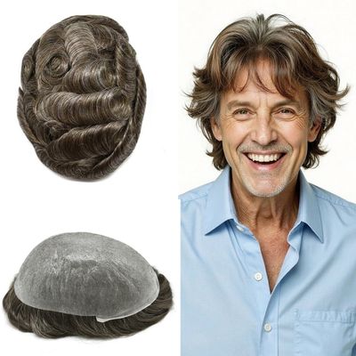 Toupee for Men Hairpiece Mens Hair Replacement System Invisible Ultra Thin Skin PU Mens Toupee Wig Soft Human Hair Piece for Men Grey #440 Medium Brown+40% Gray-90% Light Density 5"x7"