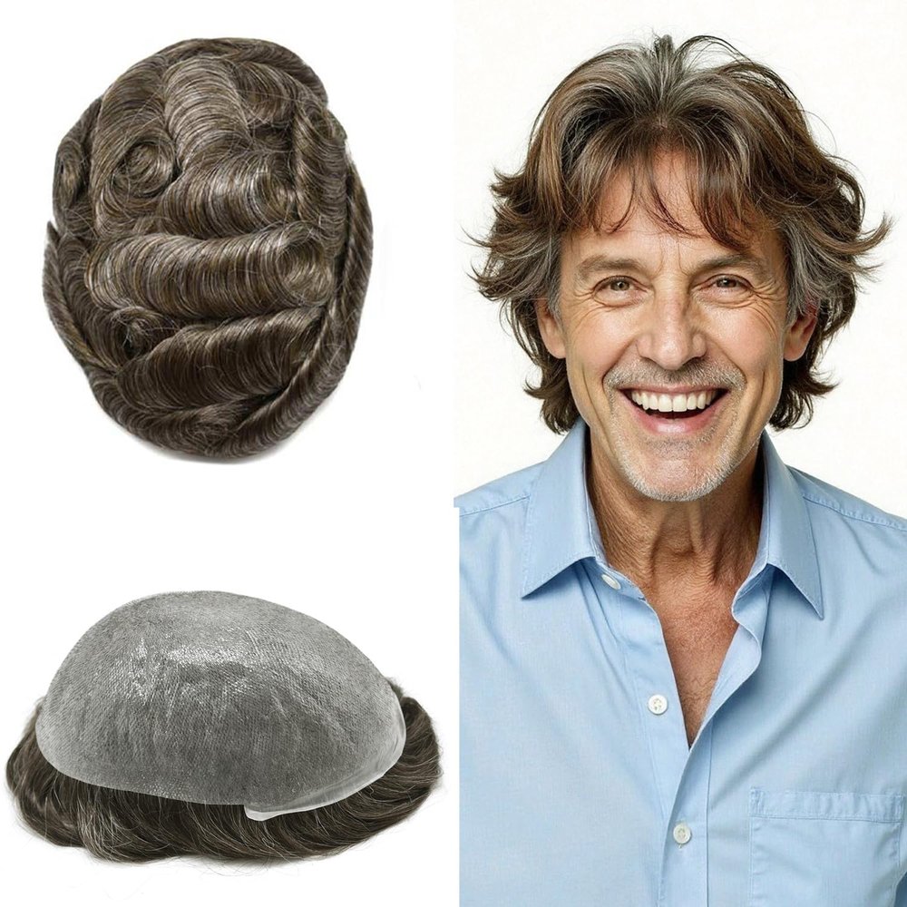 Toupee for Men Hairpiece Mens Hair Replacement System Invisible Ultra Thin Skin PU Mens Toupee Wig Soft Human Hair Piece for Men Grey #440 Medium Brown+40% Gray-90% Light Density 5"x7"