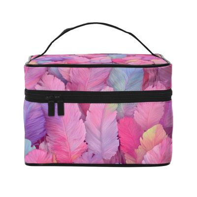 Hayyett Bird Feathers Pastel Pink Color Makeup Train Case Carrying Portable Zip Travel Cosmetic Brush Bag Large Organizer For Women