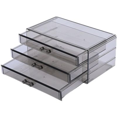 Angoily Stackable Desktop Storage Box with 3 Drawers, Gray Mini Organizer for Makeup, Jewelry, and Sundries, Cosmetic Storage Cabinet for Vanity and Desk Use