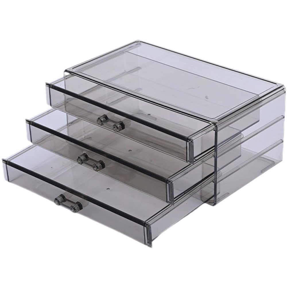 Angoily Stackable Desktop Storage Box with 3 Drawers, Gray Mini Organizer for Makeup, Jewelry, and Sundries, Cosmetic Storage Cabinet for Vanity and Desk Use