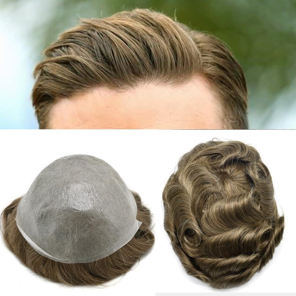 Mens Toupee Hair Replacement System for Men Ultra Thin Skin All V-loop Toupee For Men European Human Hair Pieces Natural Hairline #1730 Dark Ash Blonde+30% Gray-110% Light to Medium Density 5"x7"