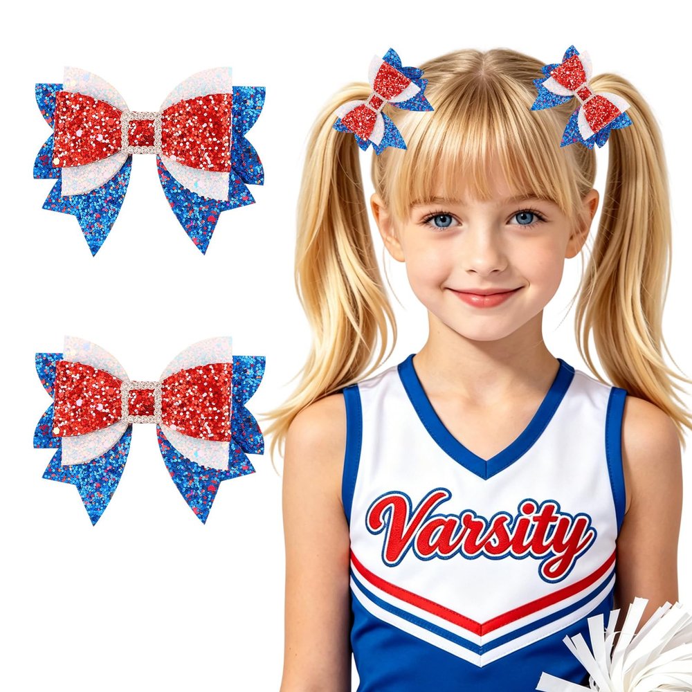 2PCS 4th of July Hair Bows for Girls Sparkly Patriotic Red White Blue Glitter Cheer Leading Bows Clips for Independence Day, Non-Slip Hair Barrettes for Toddlers Kids