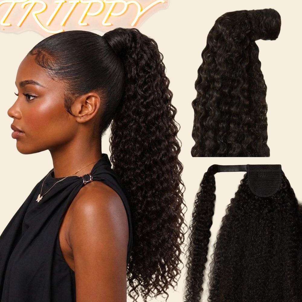 TRIIPPY Ponytail Extension Human Hair Burmese Curly, SOFTMAX Raw Cambodian Human Hair Ponytail for Black Women, Matches 3C/4A Textures, Seamless Wrap-Around in 30s, 20 Inch 80g #Natural Color