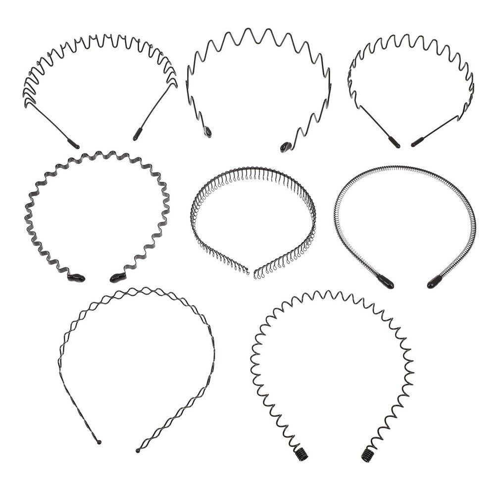 HINTRMENT Mens Metal Hairbands 8pcs Set, Wavy Wire Headbands for Sports and Everyday Wear, Black Sturdy Hair Accessories for Mens Styling and Fitness