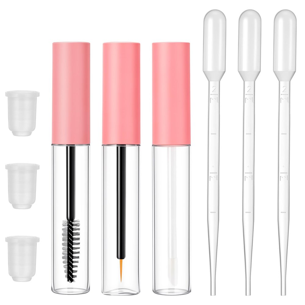 3PCS Empty Mascara Tube and Wand, 10ml Clear Mascara Tubes with Dropper & Brush, Refillable Lip Gloss Containers, Mini Eyelash Serum Applicator for DIY Cosmetics