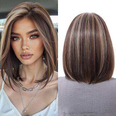 Ombre Blonde Lace Front Bob Wig, Short Straight Glueless Synthetic Wig for Women, Pre-Plucked Hairline with Brown Roots, 13x6 HD Lace Bob Wig for Daily Wear 10IN (Dark Brown)