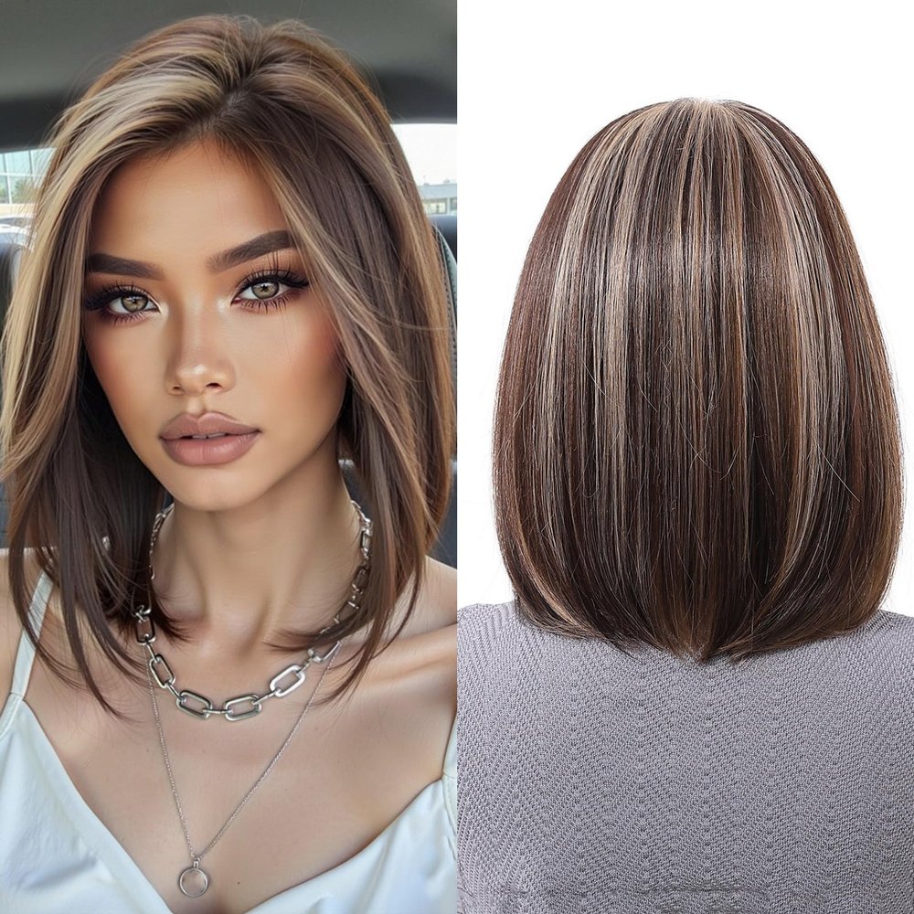 Ombre Blonde Lace Front Bob Wig, Short Straight Glueless Synthetic Wig for Women, Pre-Plucked Hairline with Brown Roots, 13x6 HD Lace Bob Wig for Daily Wear 10IN (Dark Brown)