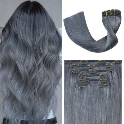 UGOTRAYS Silver Grey Clip in Hair Extensions Real Human Hair 70G Gray Remy Human Hair Clip in Extensions 20 Inch Soft Silky Straight for Full Head 7pcs 16clips One Pack