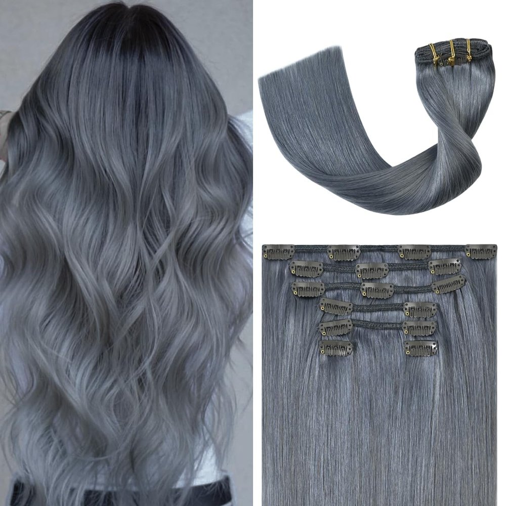 UGOTRAYS Silver Grey Clip in Hair Extensions Real Human Hair 70G Gray Remy Human Hair Clip in Extensions 20 Inch Soft Silky Straight for Full Head 7pcs 16clips One Pack
