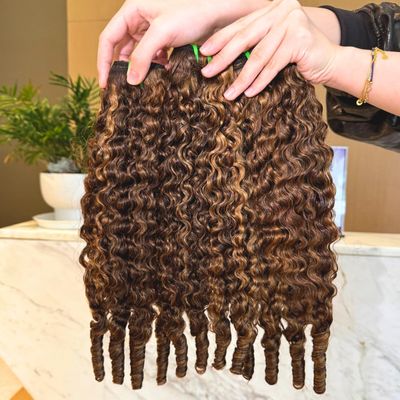 #P4/27 Honey Blonde Highlight Burmese Curly Bundle Human Hair 22 24 26 Inch