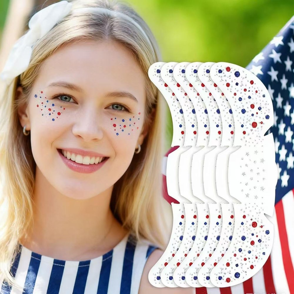 Crudetae Glitter Freckles 6Pcs Patriotic Red White Blue Face Tattoo for 4th of July, Sparkle Makeup Stickers for Women Kids, Great 4th of July Outfits for Women
