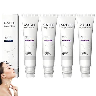 Gcvsdoa Magic Collagen Fullerene Neck Cream, Tighten and Lift Firming Neck Cream for Crepey Skin, Collagen Neck Cream with Five Rollers, Reduces Wrinkles and Double Chin (4pcs)
