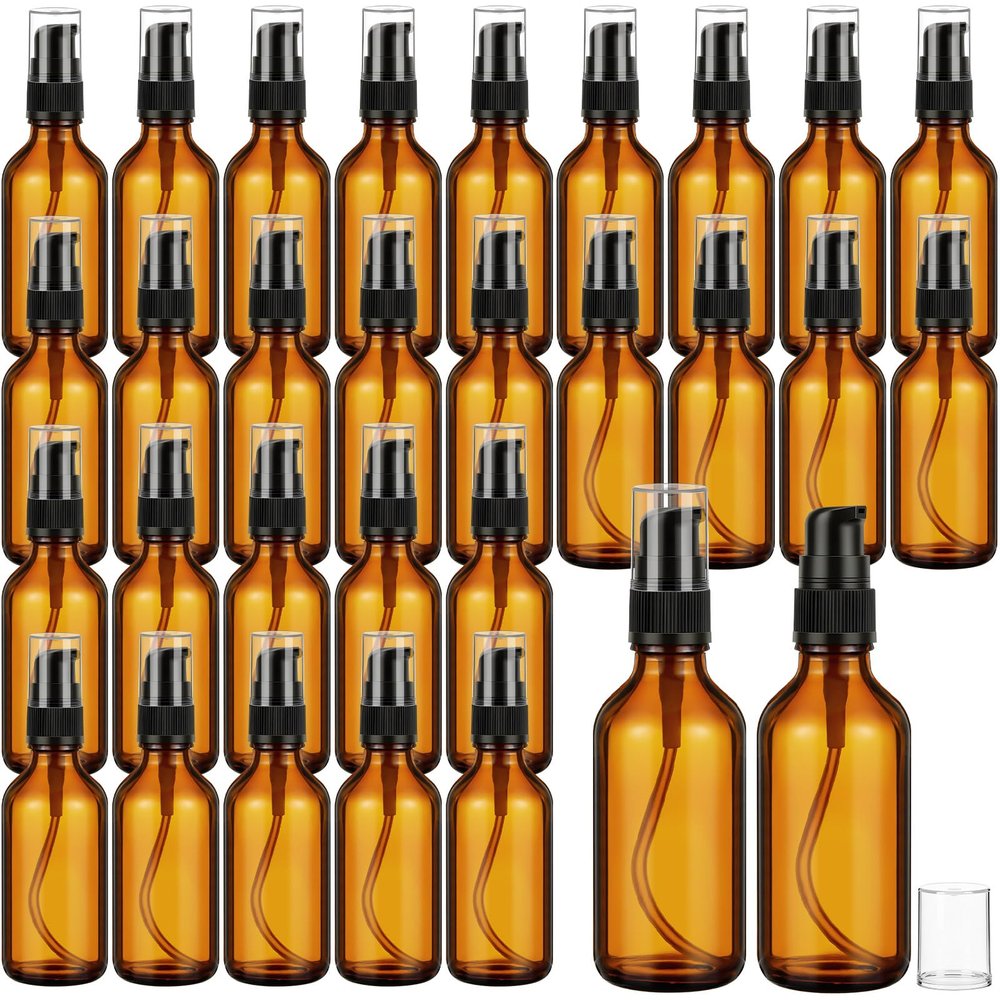Roshtia 30 Pack Empty Refillable Amber Glass Pump Bottles with Black Pump, Travel Small Containers for Lotion, Cream, Essential Oils, Aromatherapy Liquids and More(60ml /2oz)
