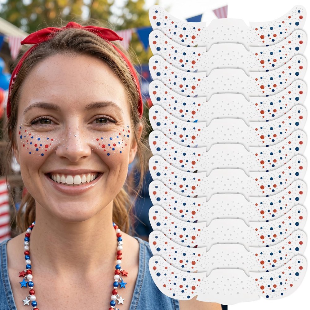 10Pcs Independence Day Glitter Freckles Stickers, Patriotic Red White Blue Glitter Face Tattoos, Waterproof Temporary Tattoos for Women Kids, 4th of July Party Makeup Accessories