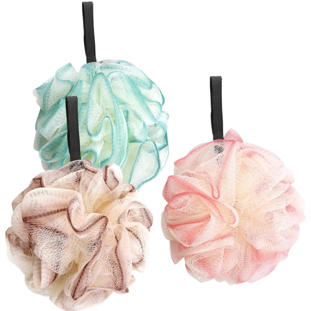 3 Pack Loofah Sponge Loofahs - 3 Colors Bath Sponges Mesh Balls for Body Scrubber - Exfoliator Shower Wash Back Scrubber Bathroom Men Women - Scrubbers Cleaning Bathing Accessories