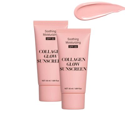 Collagen Sunscreen SPF 50, Moisturizing Face Sunscreen, Broad Spectrum UVA UVB Protection, Lightweight Non-Greasy Hydrating Lotion, No Cast, for Beach, Travel (2PC)
