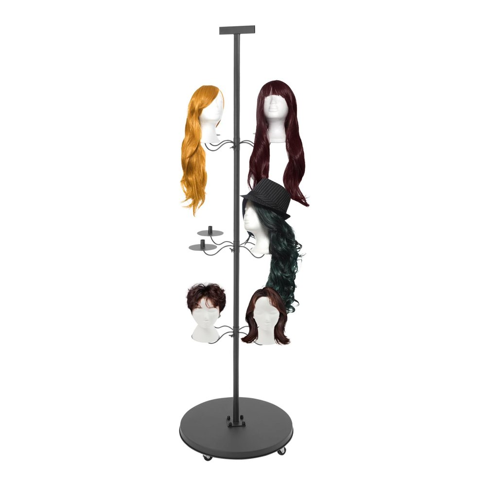 Kreiaoer Wig Holder Stand for Multiple Wigs, 12 Head Metal Wig Display Rack with Wheels, Adjustable Rotating Wig Storage Organizer for Salon, Styling, Storage and Retail Display (Black, Round Base)