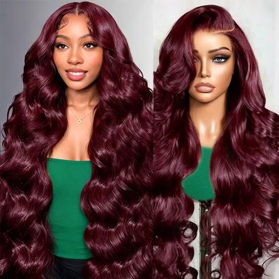 13x6 Burgundy Body Wave Lace Front Wigs Human Hair Beginner Friendly 34Inch