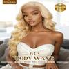 inlovwith 613 Lace Front Wig Human Hair 210% Density, Body Wave 13x4 HD Blonde Frontal Wigs Human Hair Pre Plucked with Baby Hair Two Years Lifespan 36 Inch view 2