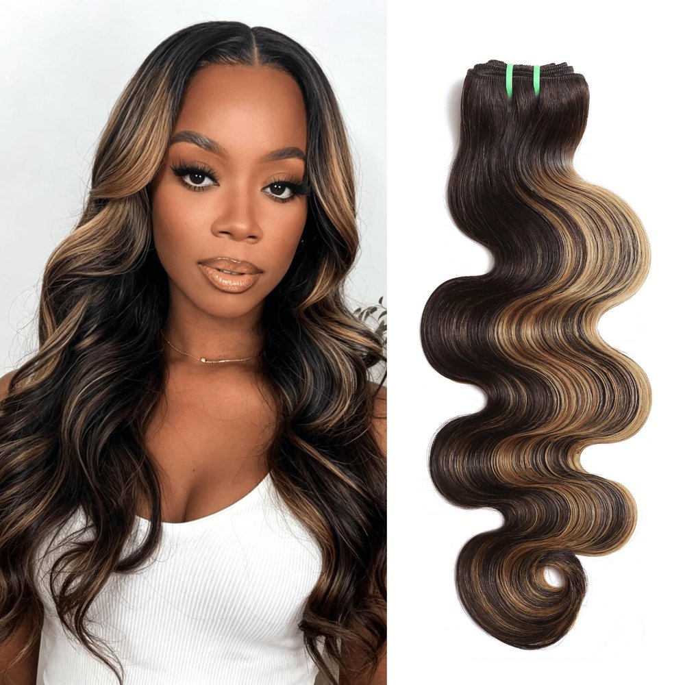HERMOUS #F1B/27 Bundles Blonde Highlight Human Hair 18 Inch Single Bundle, 13A Double Drawn 100% Human Hair Body Wave, Black with Highlights Ombre Honey Blonde Colored Sew In Quick Weave Extension
