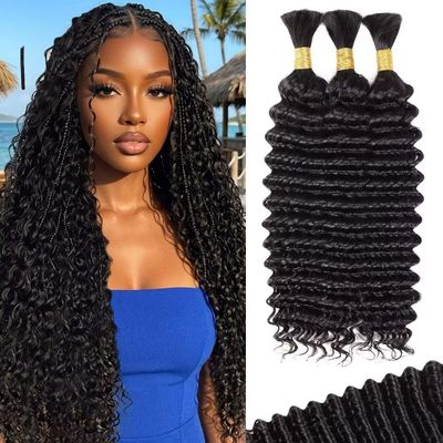 Boho Curly Braiding Hair 3.7Inch 50g 100% Virgin Brazilian Human Hair for Braids, Pre-Washed Deep Wave Bulk Extensions for Knotless & Bohemian Styles Soft, No Shedding, Tangle Free
