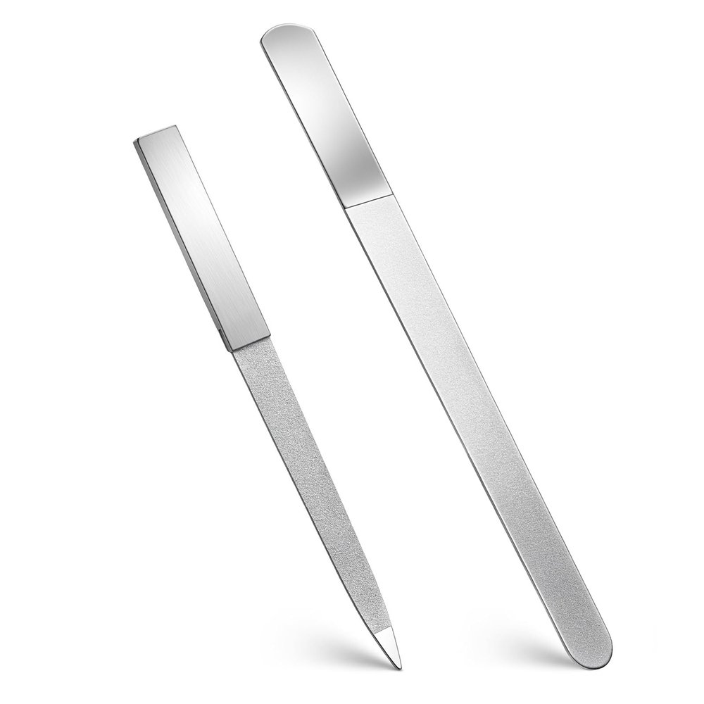 2 PCS Metal Nail File, Double-Sided Stainless Steel Nail Files for Natural Nails Non Slip Fingernail Toenail Buffer Filers Sharp Pointed Tip Manicure Pedicure Toenail Tools for Salon Home Use