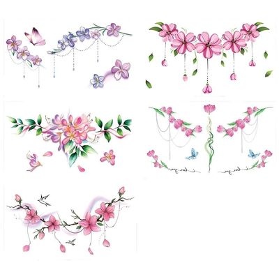 5 waterproof bright colored flower tattoo stickers, suitable for temporary chest decoration for men and women