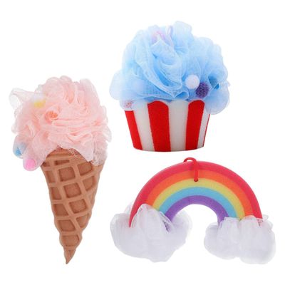 Cabilock Ice Cream Rainbow Cartoon Shower Loofah 3pcs Bath Sponge Set with Striped Blue, Pink Cone Rainbow Design, Exfoliating Body Scrubber for Men and Women, Bathroom Cleaning Supplies