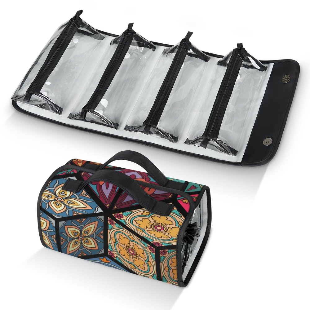 AGHESOTH Mexican Tiles Squares Toiletry Bag Water Proof Travel Makeup Case Large Capacity 4 in 1 Foldable Cosmetics Storage for Women Men Removable Zipper Clear PVC Pockets
