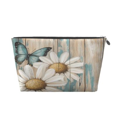 Edafol Daisy Butterfly Wooden Texture Small Makeup Bag Waterproof Cosmetic Case Travel Make Up Pouch Portable Toiletry Bags Organizer for Women Ladies